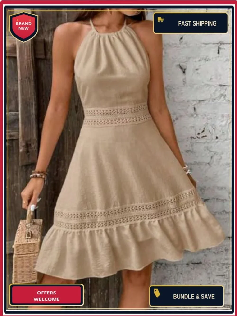 Ruffle Lace Halter Sleeveless Mini Dress Summer Casual A-Line Vacation